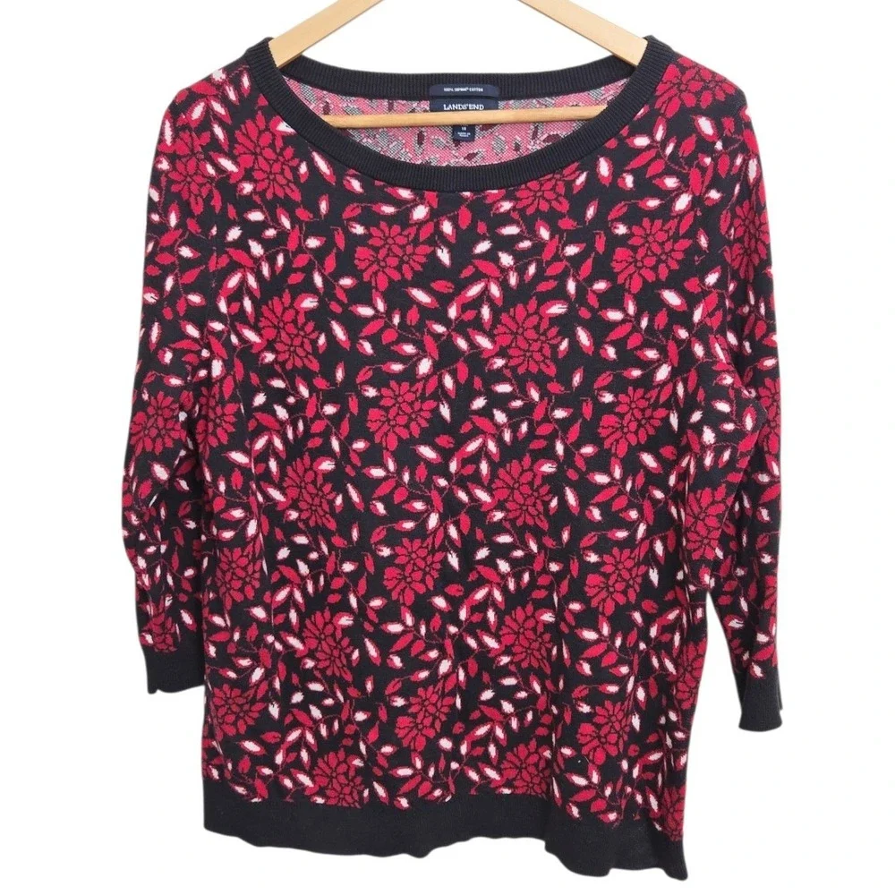 Lands‎ End Womens Red Floral Knit Sweater Top XL 3/4 Sleeve Supima Cotton Casual